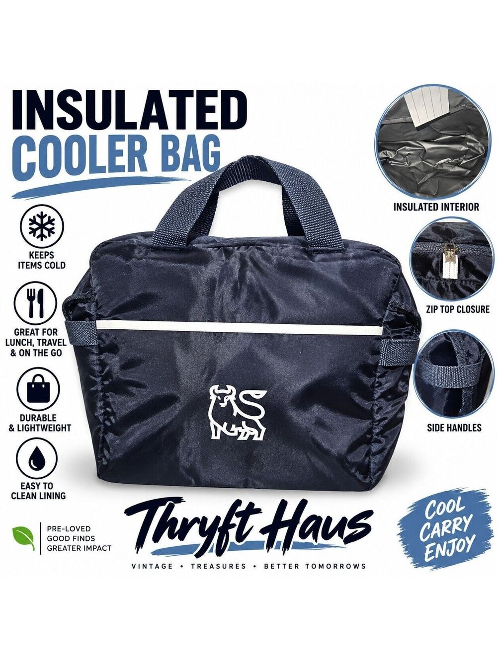 Navy Blue Insulated Cooler Lunch Bag Zip Top Carry Tote Travel Reusable